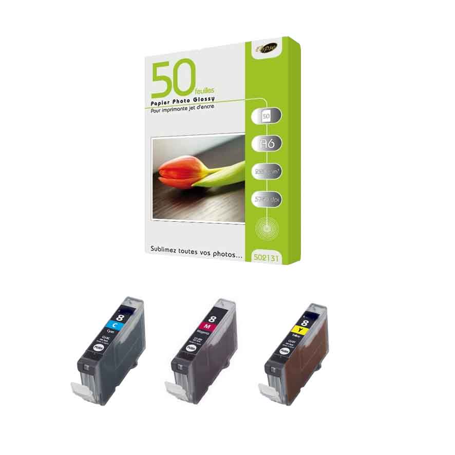 Lot de 3 cartouches CLI 8 couleur et Papier Photo 