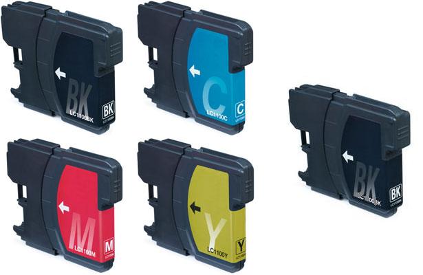 Pack  5 Cartouches d'encre compatible Brother LC1100 LC980 Noire et couleur